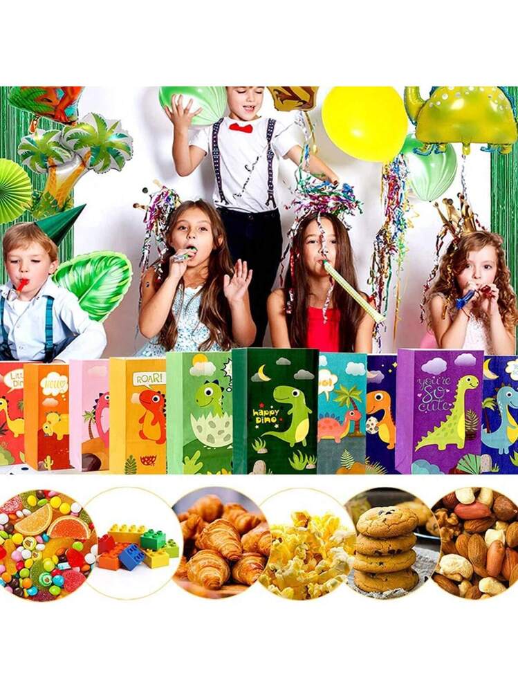 24 Sacchetti Regalo Dinosauro In Carta Kraft Con 24 Adesivi, Per Feste Compleanno Bambini - 2