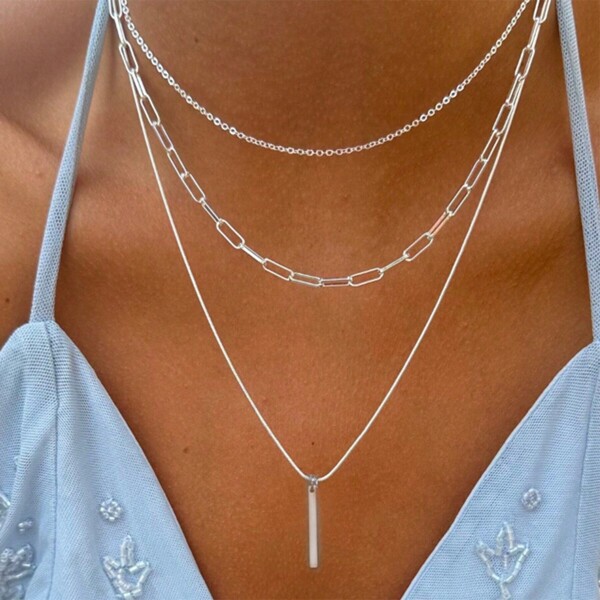 17KM 3pcs Simple Long Multi-Layer Pendant Necklace Set For Women, Suits Daily Wear, Holidays, Dating, Gift