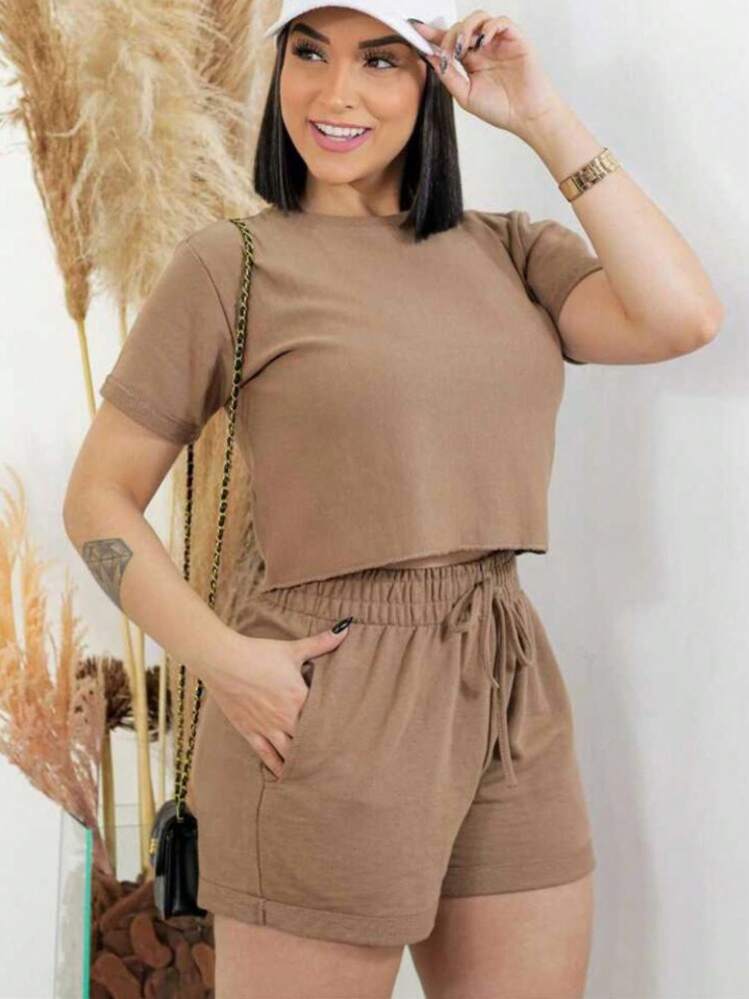 Conjunto Moletom Feminino Short Curto Cós Alto E Blusa Cropped Top