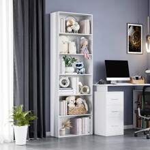 Furchen Book Shelf 6 Tiers, Bookcase, Tall Bookcase, Living Room Bookcases, Wooden Storage Unit, For Office, Living Room, Study, White, Black, Oak, 60x23.5x180cm