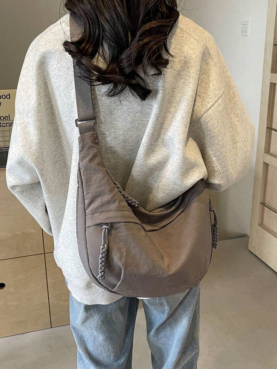 Fashionable Grey Nylon Waterproof Shoulder Bag, Casual Minimalist College Style, Wide Strap, Multiple Zippers, Suitable For Students, Commute, Shopping, Daily Use - Grey - View 1