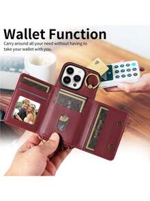 真皮手機殼，含卡片位、手鐲座、立架和5G防震保護，適用於Samsung S24、S23 Ultra、S21 FE和iPhone 15/14 Pro Max、13 Pro、12和11，奢華且時尚，適合女性使用者 - 酒紅色 - 查看 3