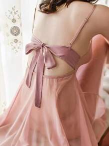 1pc Sexy See-Through Lace Splicing Lingerie Dress, Including T-Back Panty For Home Use For Going Out - Pink - View 5