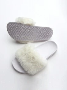 女士秋冬季毛絨拖鞋,高端室內外穿著,平底潮流軟底 - 白色 - 查看 1