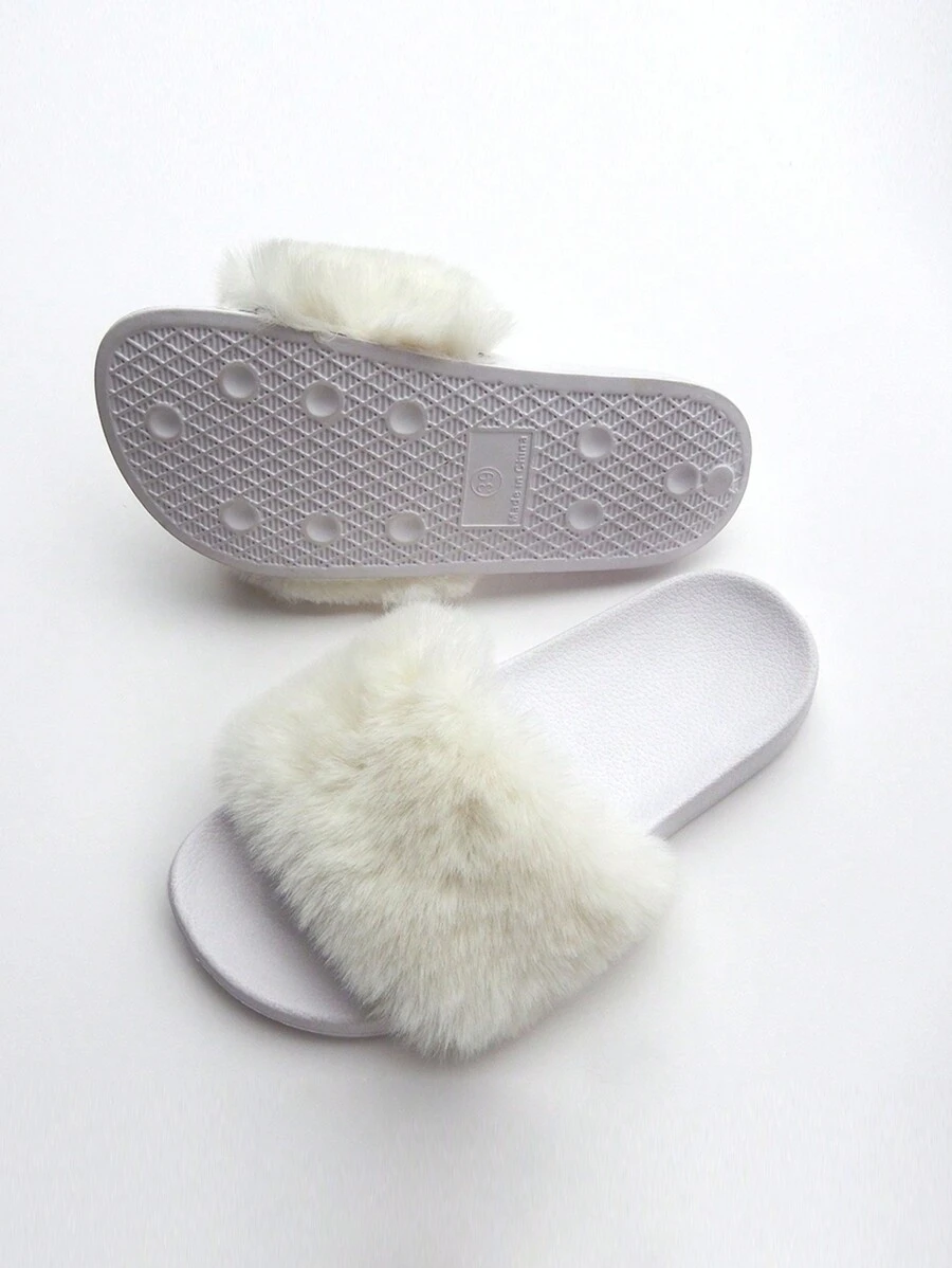 女士秋冬季毛絨拖鞋,高端室內外穿著,平底潮流軟底 - 白色 - 查看 1