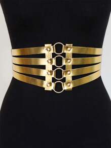 1pc Plus Size Women Gold-Color PU Leather Hollow 4-Row Round Buckle Decorative Belt - Gold - View 2