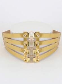 1pc Plus Size Women Gold-Color PU Leather Hollow 4-Row Round Buckle Decorative Belt - Gold - View 5