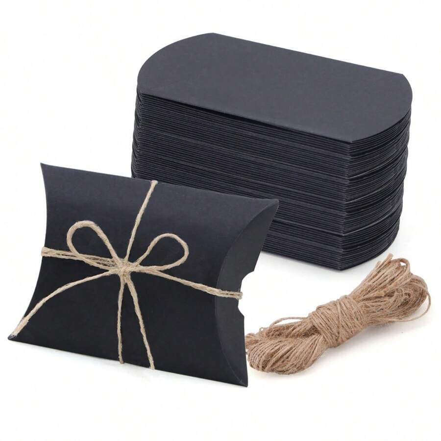 Set Of 50 Pillow-Shaped Packaging Boxes With Jute Twine And Kraft Paper For Gift Wrapping - Black - View 1