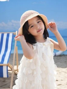 1入女童新款春夏彩虹設計透氣甜美紙簍漏斗帽，輕便透氣，戶外活動必備 - 卡其色 - 查看 5