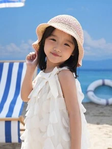 1入女童新款春夏彩虹設計透氣甜美紙簍漏斗帽，輕便透氣，戶外活動必備 - 卡其色 - 查看 4