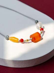 [VE] 1 件手工红玛瑙幸运项链，光芒四射如夕阳，吉祥兴旺之意，守护健康。精致的设计彰显个人魅力，光滑的质地滋养肌肤，充满自信和光彩。适合送给家人、朋友、姐妹作为串珠项链，天然石颜色随机 - 彩色 - 查看 3