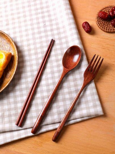 3 件木制餐具套装，9.2 英寸/23.5 厘米木制便捷餐具勺筷子叉子，优雅木制餐具套装，木制银器套装，厨房，圣诞礼物，学校用品