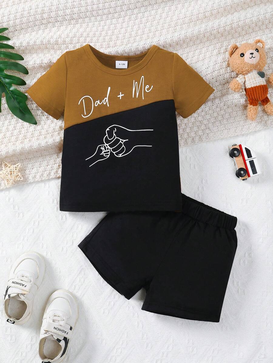 Set Di Maglietta Maniche Corte Nera E Shorts Estivi Per Bambino Con Stampa Di Gesti E Lettere