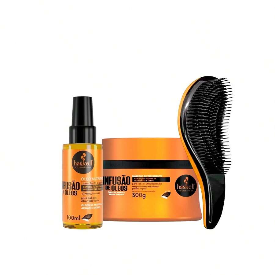 Kit Haskell Infusão De Óleos Máscara 300g +Óleo de Nutrição +Escova - Amarelo mostarda - Visão 1