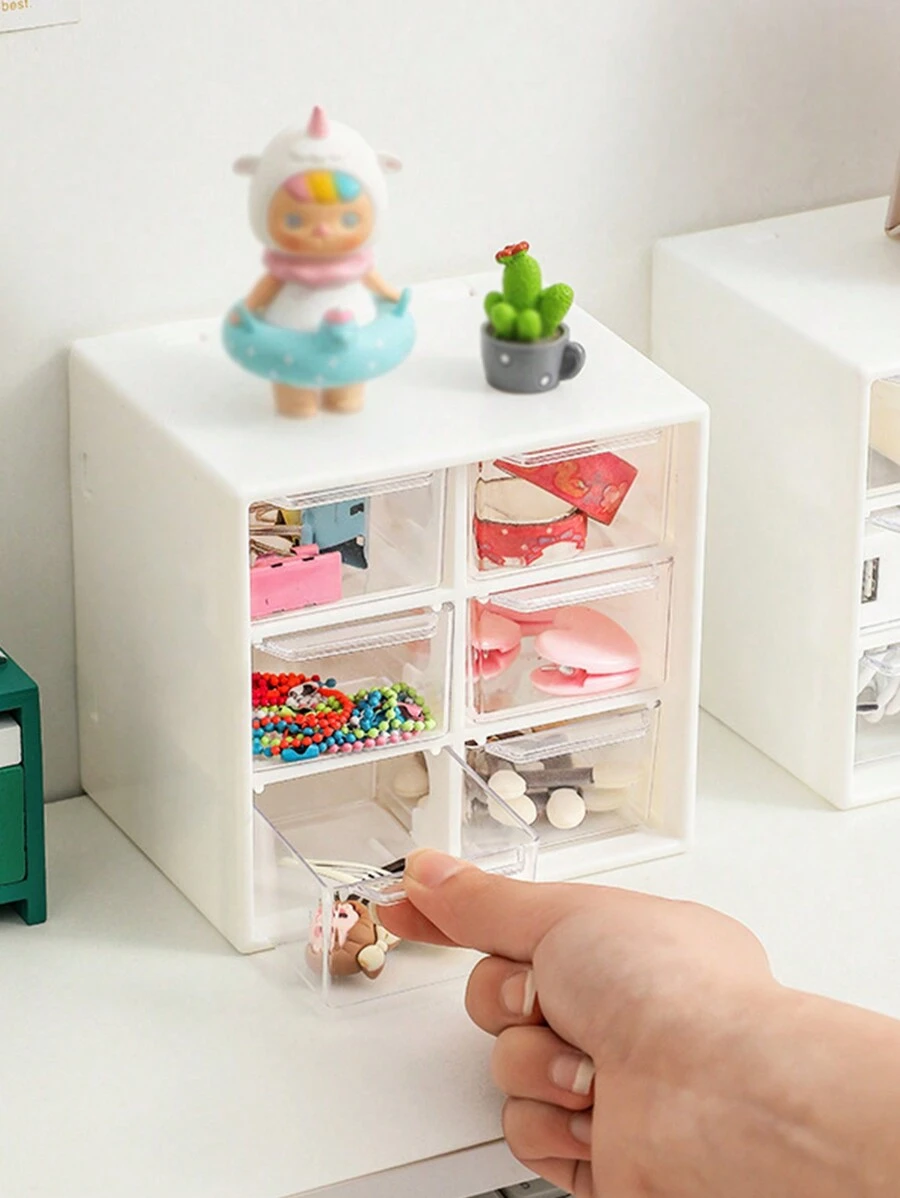 1pc 12*12*10 Plastic Cosmetic Organizer With 6 Compartments And Drawer For Desk, Sticker-free