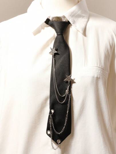 1 件女士时尚水钻星星装饰流苏可拆卸黑色颈链，适合约会、日常穿着和上学