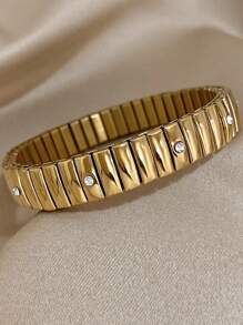 1 Pc Rhinestone Slim Stainless Steel Stretchy Bracelets For Women Teen Girls Gold Color Bangle Bracelets Summer Daily Party Jewelry Mother Day Gifts