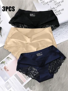 3 件装低腰无缝蕾丝抗菌性感超薄三角内裤女士内衣