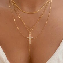 17KM 4pcs Simple Rhinestone Cross Pendant Necklace Set For Women, Holiday, Dating, Gift, Daily Wear - Yellow Gold - View 13