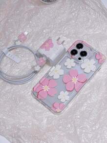 Funda de teléfono con tema de globos rosas con diseño de dos colores + Protector de cable cargador + Funda anticorrosión para cable