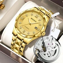 Comudir 品牌 1 件全新男士女士圆形表盘钢表带石英表夜光日历秒表时尚手表父亲