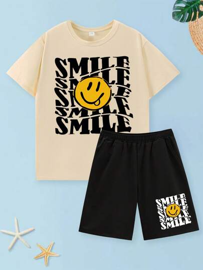 Tween Boy 2 cái/bộ Hàng Mới Về Mùa Xuân/Hè 2024 Áo Phông In Hình Mặt Cười Tay Ngắn Và Quần Short Thường Ngày