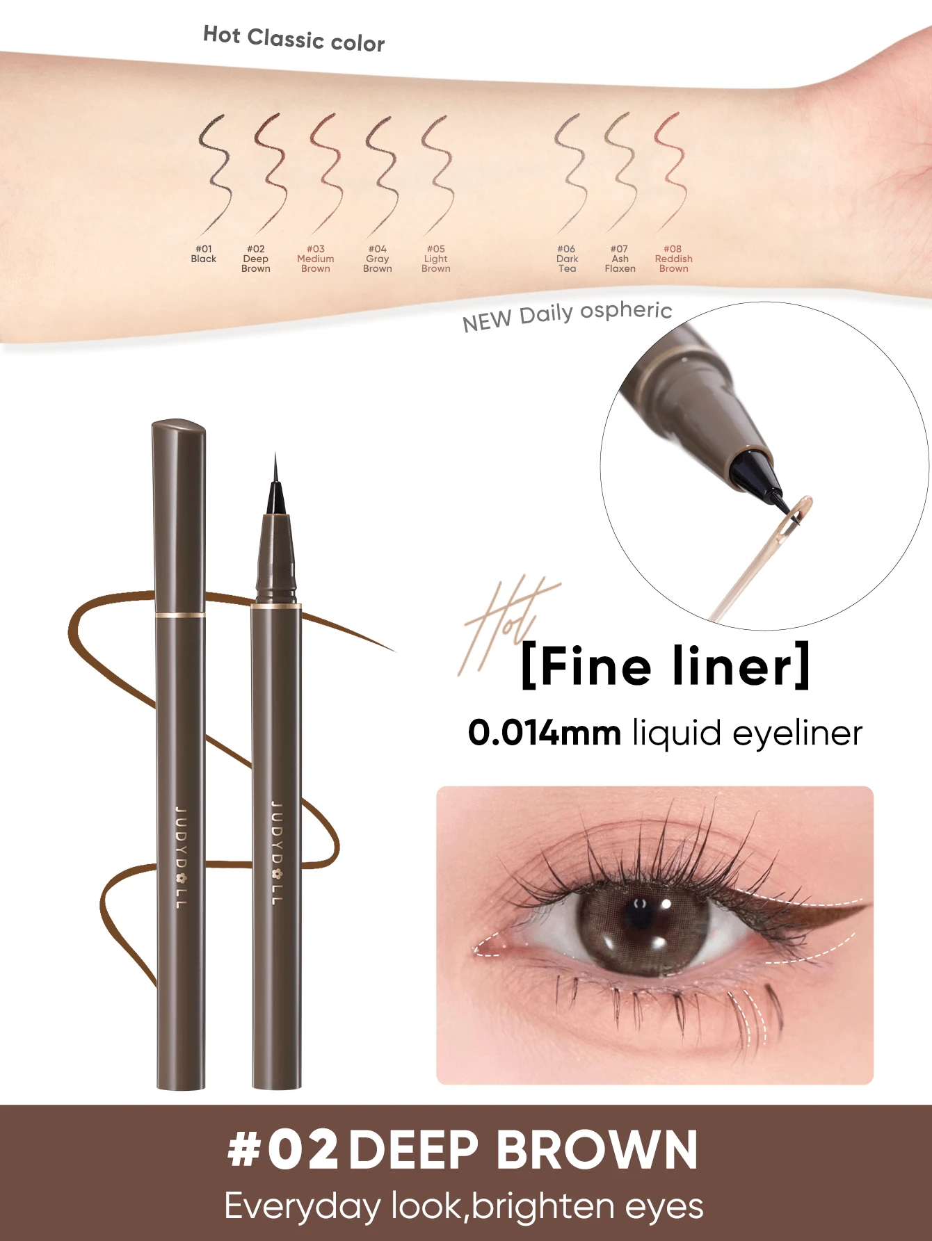 JUDYDOLL SLIM LIQUID EYELINER, 400mg, Ultra-Fine Tip, Quick Dry, Waterproof, Smudge-Proof, Multi-Color For Bottom Lash Line, Suitable For Beginners, Self-Use, Gifts, Makeup For Travel, Holidays, Niche Brands, Special Surprises, New Arrivals, Different From Ordinary, Gifts For Friends, Girlfriend, Wedding Essentials, Wedding Guest, Bachelorette Party, Lady Makeup, Natural Makeup For School, Sweet Makeup, Bold Makeup, Date Makeup - 棕色 - 查看 1