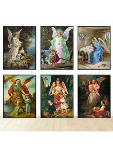 1入組守護天使復古帆布版畫美術館客廳家居裝飾天使媽媽和孩子帆布油畫藝術壁畫，無框 - L - 查看 3