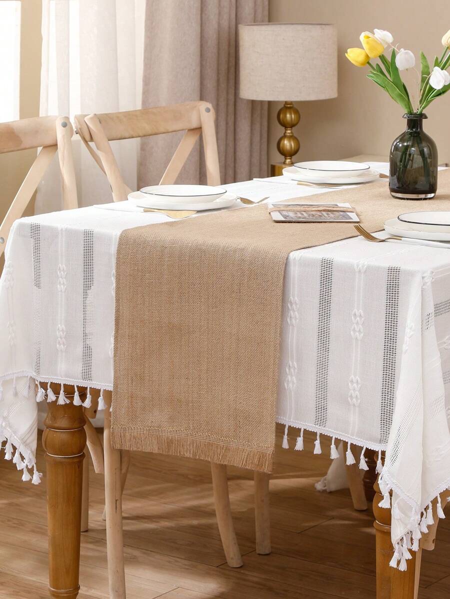 Miater 1pc Natural Linen Table Runner With Tassel For Wedding Decoration And Festival Party - Coffee Brown - View 1