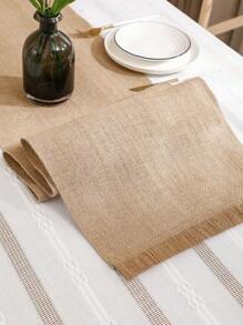 Miater 1pc Natural Linen Table Runner With Tassel For Wedding Decoration And Festival Party - Coffee Brown - View 2