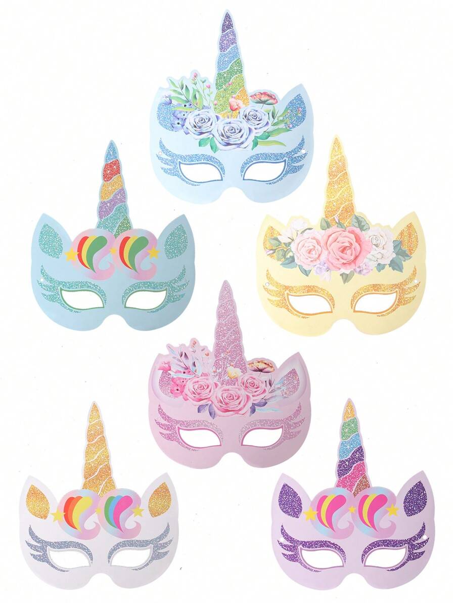 6 Piezas Máscara De Papel Temática De Unicornio, Máscara De Fotos De Colores Mixtos Accesorio De Cabina De Fotos Para Fiesta De Cumpleaños De Amigos Felices - Multicolor - Ver 1
