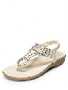 Women's Comfortable Dressy Flat Sandals Rhinestone Elastic T-Strap Thong Sandals For Summer Beach - White - View 6