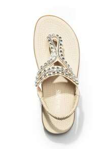 Women's Comfortable Dressy Flat Sandals Rhinestone Elastic T-Strap Thong Sandals For Summer Beach - White - View 4