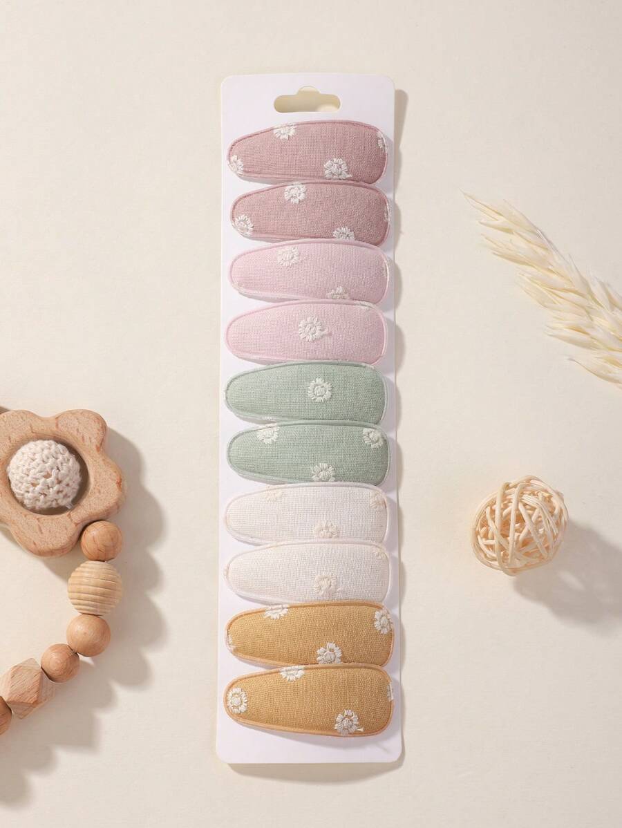 10pcs Cloth Material Printed Morandi Color Tone Hair Clips, Suitable For Children And Baby Girls' Fringes