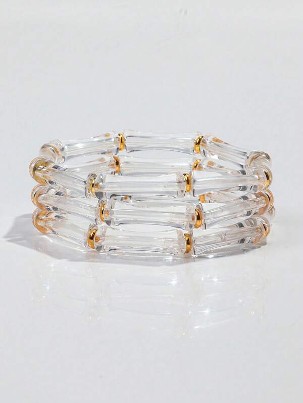 1 Set Of 3pcs Acrylic Marble Texture Olive Green Bamboo Beaded Stacking Bracelets, Suitable For Women's Daily Wear