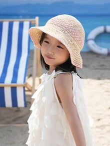 1入女童新款春夏彩虹設計透氣甜美紙簍漏斗帽，輕便透氣，戶外活動必備 - 卡其色 - 查看 7