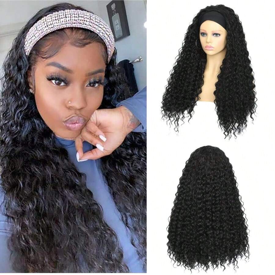 Headband Wig Water Wave Headband Wigs For Women Black 24 Inch Synthetic