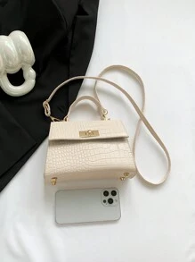 Fashionable Mini Metallic Alligator Pattern Crossbody & Handbag With Flip Lock Twist Closure - Beige - View 8