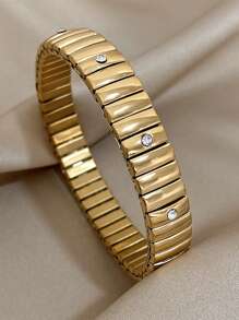 1 Pc Rhinestone Slim Stainless Steel Stretchy Bracelets For Women Teen Girls Gold Color Bangle Bracelets Summer Daily Party Jewelry Mother Day Gifts