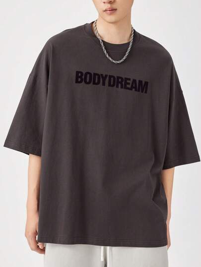 BODYDREAM Herren-Loses lässig Sommer T-Shirt mit fünf Ärmeln, Buchstaben-Muster und fallenden Schultern