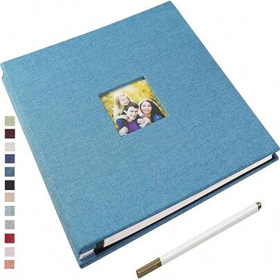 1入組28x27公分帶窗口自黏相簿，40張亚麻封面和金屬筆的拼貼相簿，適合於嬰兒婚禮家庭紀念相冊DIY