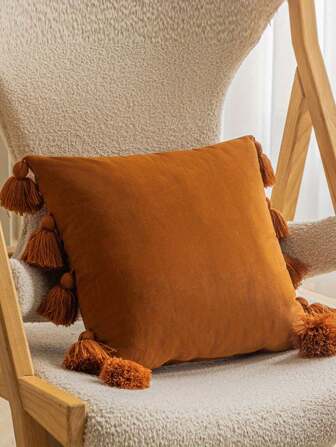 1pc,Brown Cute Boho Style Decorative Throw Pillow Covers With HandmadeTassels, Soft Velvet Solid Color Square Cushion CoverSet, Indoor OutdoorWashabl Pillowcase, Home Decor,  Sofa Chair Cushion,WeddingBirthday Themed Party Supplies, Holiday Accesso,Throughout The Year Can Be Used.