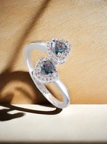 1pc Stylish, Creative And Unique Cross Sparkling Double-Rectangle Heart-Shaped Ring Unisex, Perfect Gift For Christmas And New Year - Cubic Zirconium - View 1