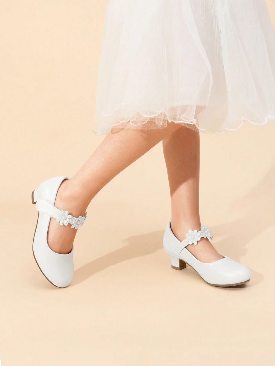 Girls MaryJane Dress Shoes Pumps Low Heels Flower Party Wedding Princess - 白色 - 查看 1