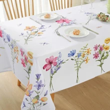 1pc Rectangular Floral & Dragonfly Waterproof Polyester Tablecloth, Colorful Anti-Wrinkle & Anti-Spill Table Cover, Suitable For Outdoor Picnic & Party Dining In Spring And Summer - Multicolor - View 1