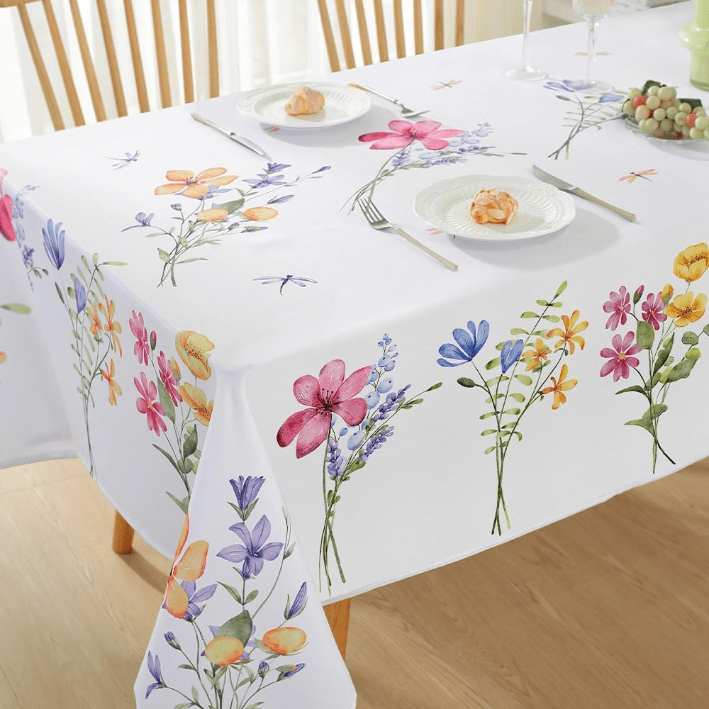 1pc Rectangular Floral & Dragonfly Waterproof Polyester Tablecloth, Colorful Anti-Wrinkle & Anti-Spill Table Cover, Suitable For Outdoor Picnic & Party Dining In Spring And Summer