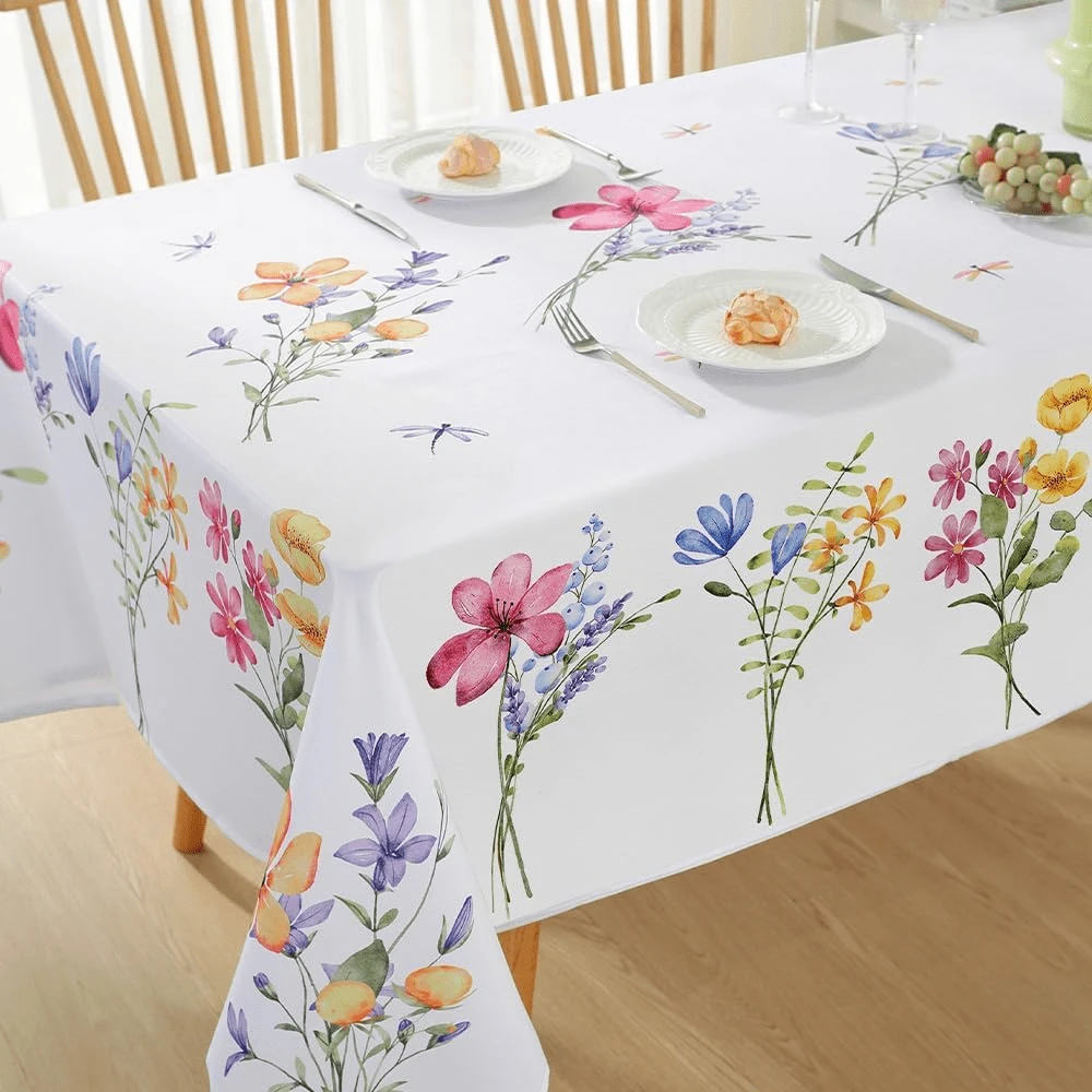 1pc Rectangular Floral & Dragonfly Waterproof Polyester Tablecloth, Colorful Anti-Wrinkle & Anti-Spill Table Cover, Suitable For Outdoor Picnic & Party Dining In Spring And Summer - Multicolor - View 1