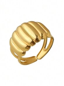 Fashionable Wide Vertical Striped Gold Titanium Steel Ring, Minimalist Design Index Finger Ring, Chic Open Rings - Gold - View 7