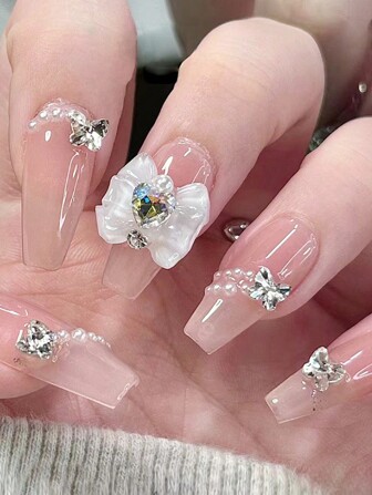 增強你的造型！24入組手工製作3D畫面超光澤直立式淡粉漸層法式時尚蝴蝶圖案假甲，配鑲有閃亮水鑽，可多次使用，適用於女性美甲配件