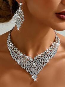 3pcs Bridal Jewelry Set, Necklace & Bracelet, With Rhinestones & Zirconia, For Wedding Dress, High-End Accessory